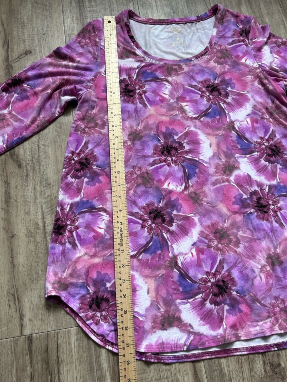 Blue Sky floral watercolor flower Women's Pink purple spring Scoop Neck 3/4 Top - Picture 4 of 8